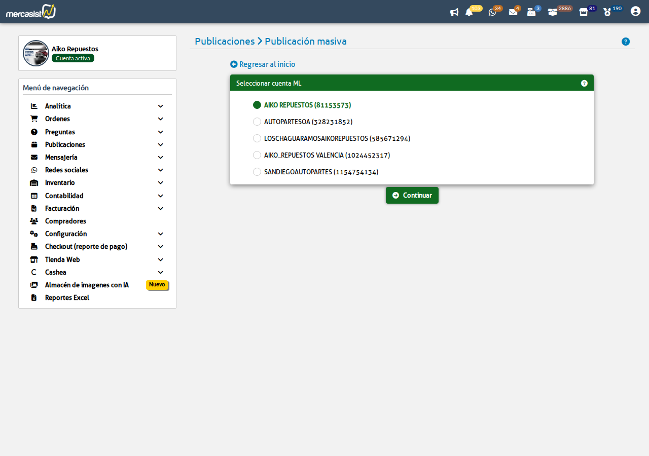 Seleccion de cuenta ML