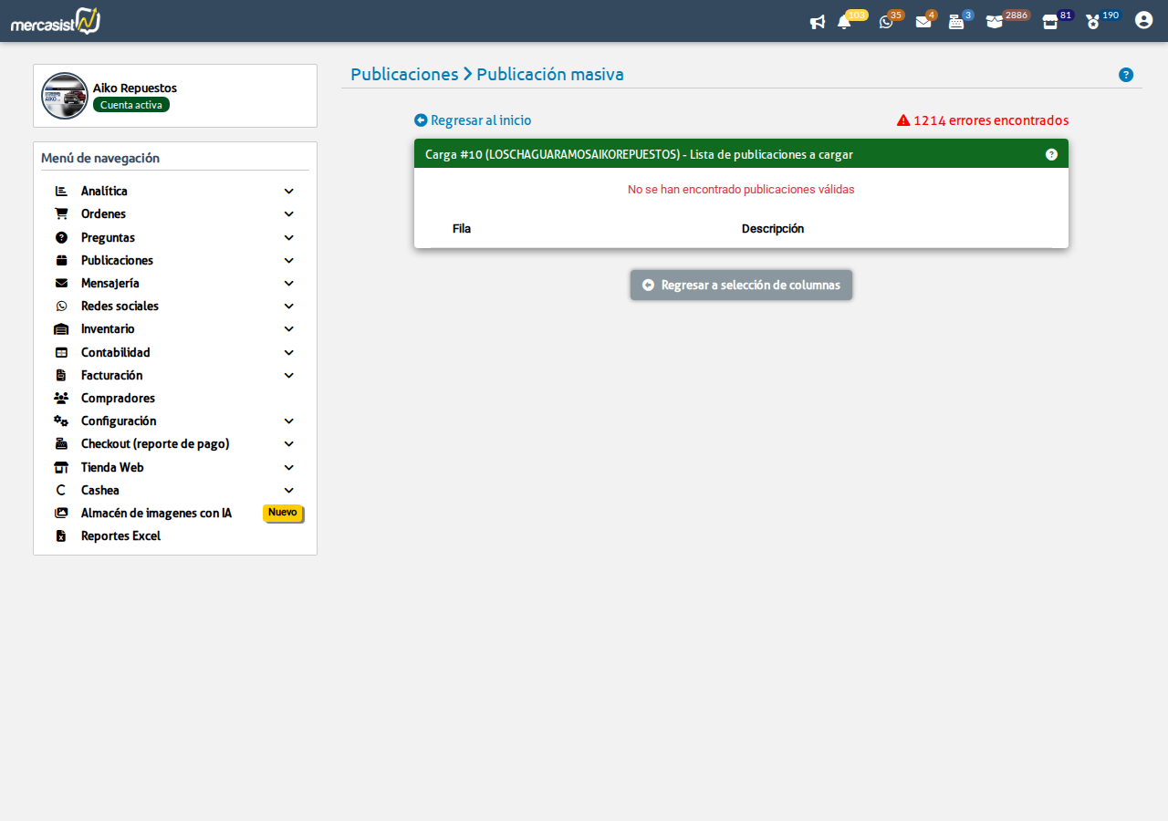 Lista de publicaciones a cargar