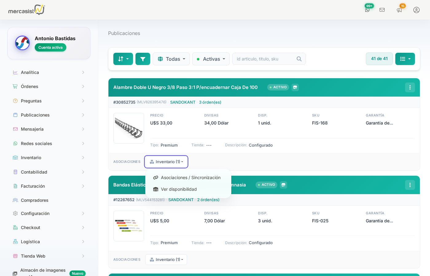 Dropdown Inventario con opcion Asociaciones / Sincronizacion