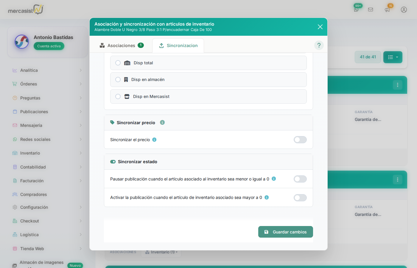 Opciones de sincronizar precio y estado