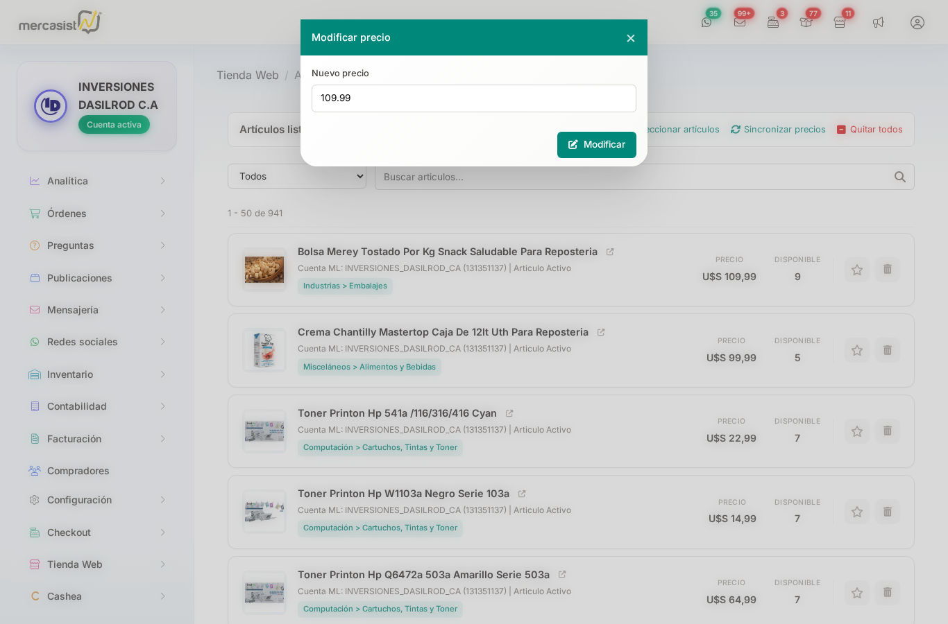 Modal para modificar precio