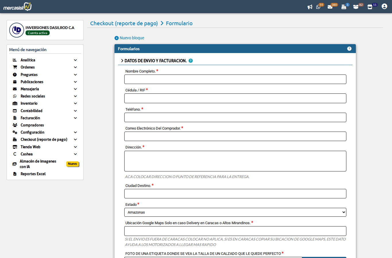 Vista del formulario de checkout