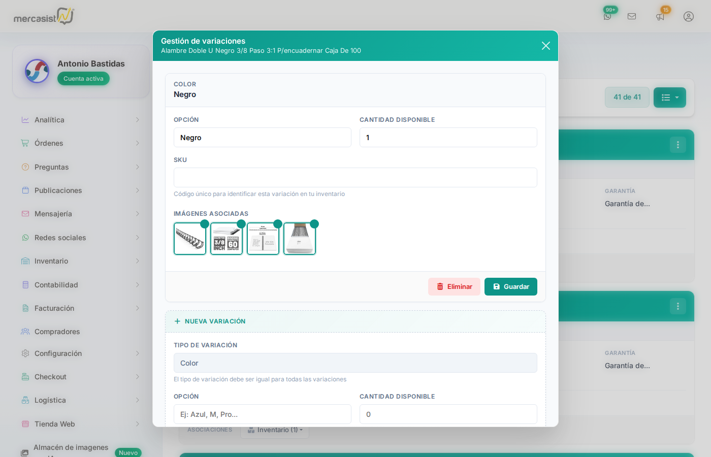 Modal de gestion de variaciones - publicacion simple